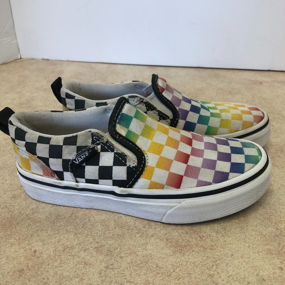 Vans Asher Classic Slip On Rainbow Checkered Sneakers Youth Missy Size 12